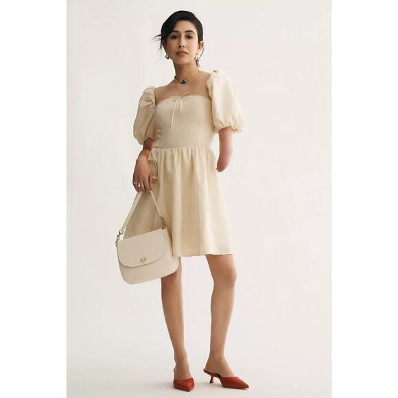 Reformation NWT Malvina Linen Puff Sleeve Mini Dress Cream Size 8 - Picture 1 of 10